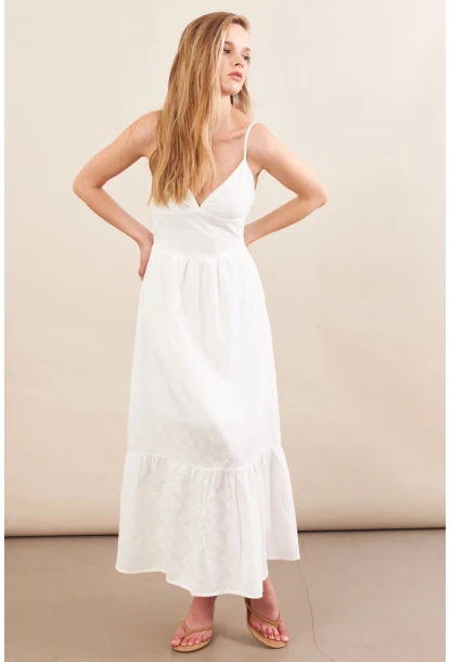 Kadın Ekru Ayarlanabilir Askılı Fistolu Midi Elbise İRE100