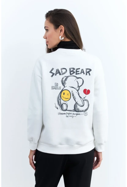 Kadın Ekru Ayıcık Baskılı Sweatshirt MZM288