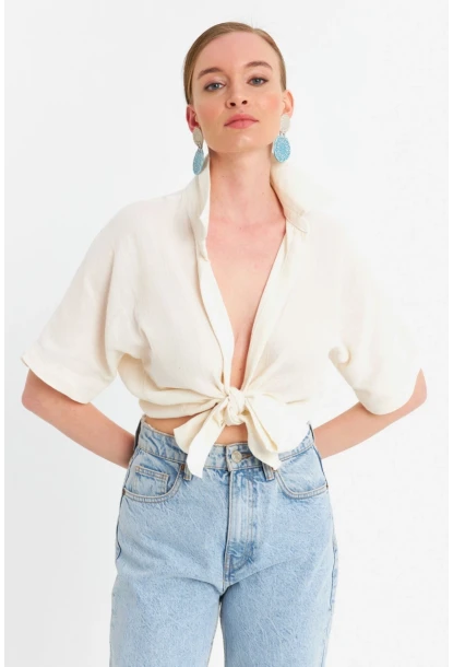 Kadın Ekru Bağlamalı Keten Bluz BTH16