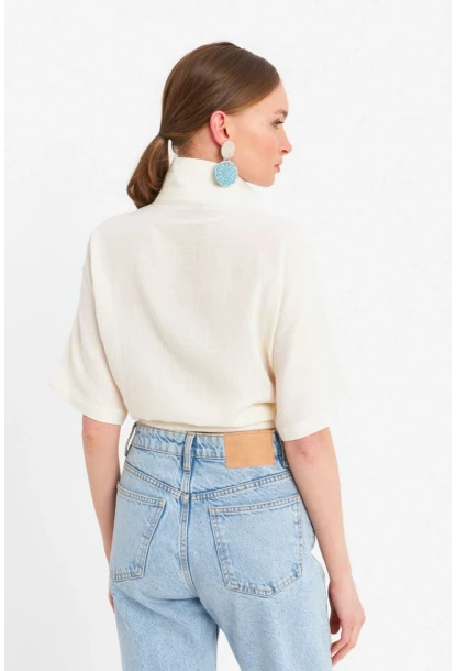 Kadın Ekru Bağlamalı Keten Bluz BTH16