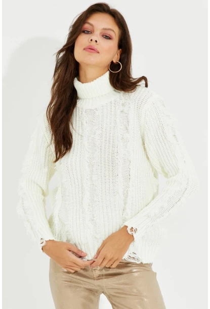 Kadın Ekru Balıkçı Yaka Püsküllü Triko Kazak KZ2471