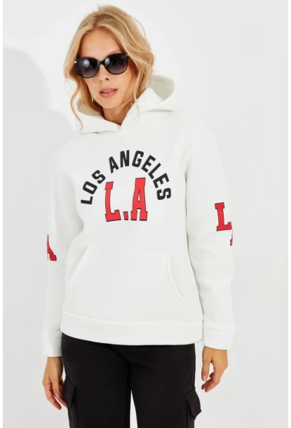 Kadın Ekru Baskılı Kapüşonlu Sweatshirt DA146