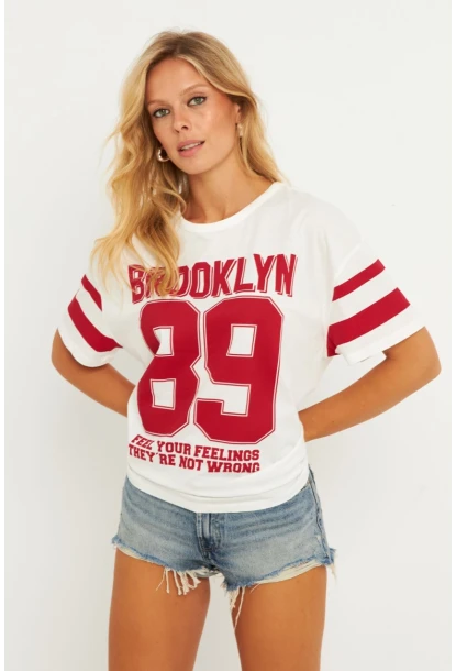 Kadın Ekru Baskılı T-Shirt AYD323