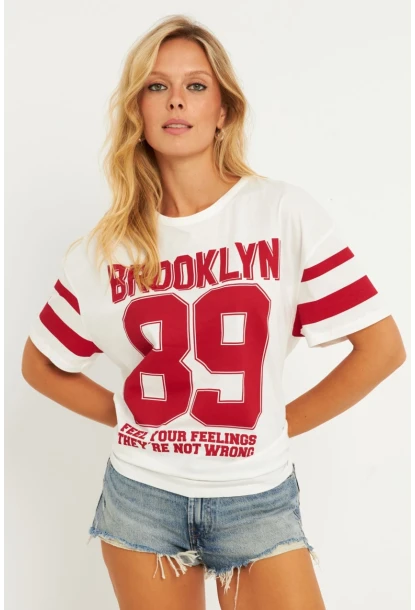 Kadın Ekru Baskılı T-Shirt AYD323