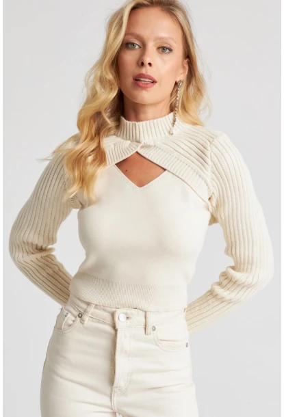 Kadın Ekru Bolerolu Triko Takım YZ524