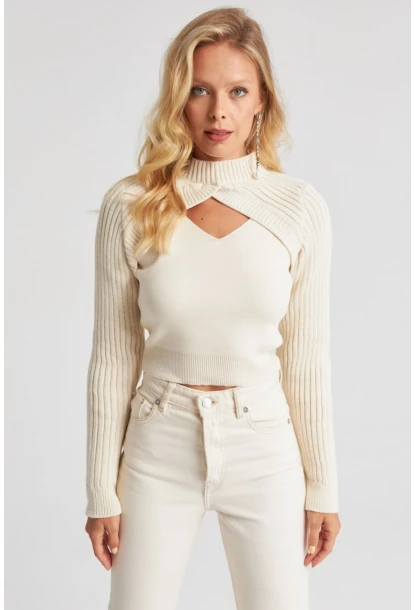 Kadın Ekru Bolerolu Triko Takım YZ524