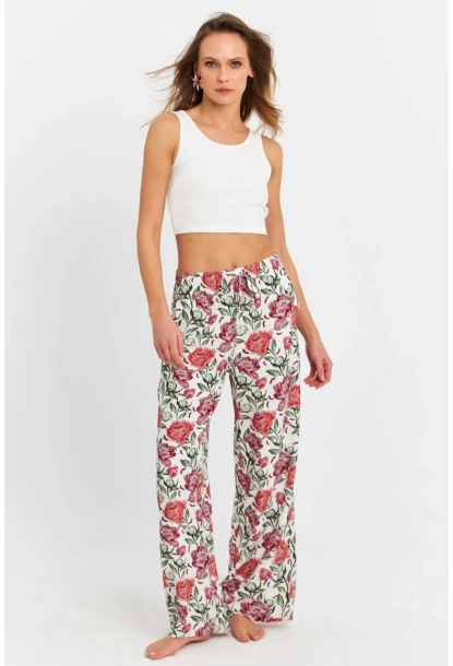 Kadın Ekru-Bordo Çiçek Desenli Pantolon FLS03