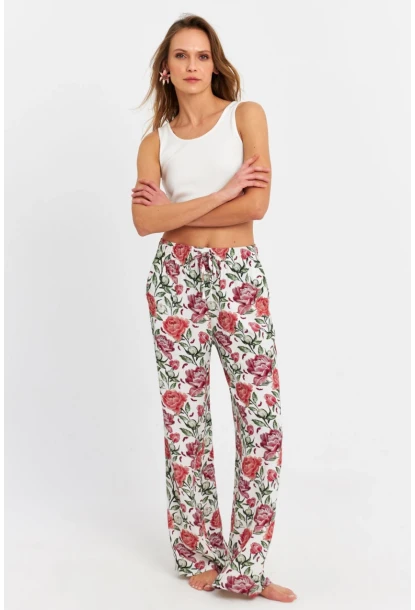 Kadın Ekru-Bordo Çiçek Desenli Pantolon FLS03