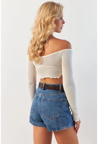 Kadın Ekru Büzgülü File Bluz OW146