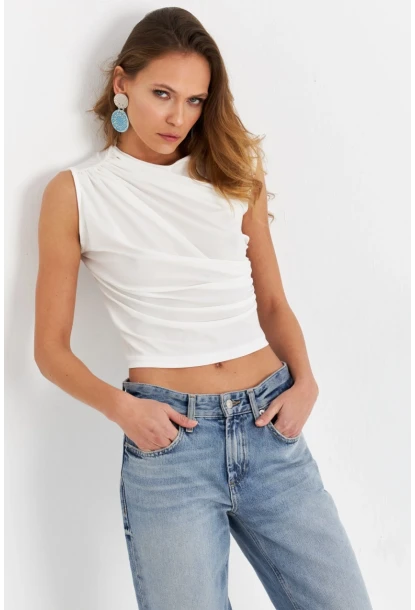 Kadın Ekru Büzgülü Kolsuz Bluz LPP1205-90