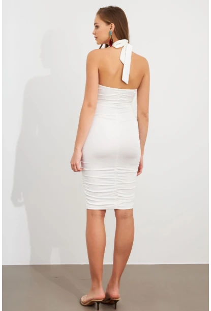Kadın Ekru Büzgülü Mini Elbise DCF033-90
