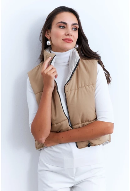 Kadın Ekru-Camel Çift Taraflı Şişme Kısa Yelek MX12