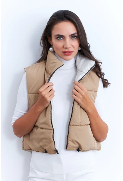 Kadın Ekru-Camel Çift Taraflı Şişme Kısa Yelek MX12
