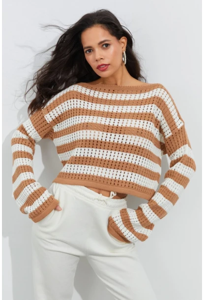Kadın Ekru-Camel İspanyol Kol Ajurlu Triko Kısa Bluz YV109