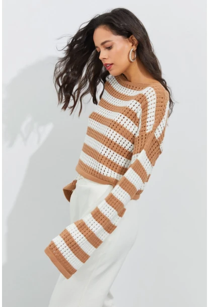 Kadın Ekru-Camel İspanyol Kol Ajurlu Triko Kısa Bluz YV109