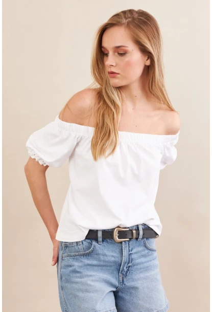 Kadın Ekru Carmen Yaka Balon Kol Bluz SAN106
