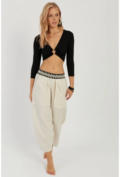 Kadın Ekru Cepli Şalvar Pantolon ÖM1203