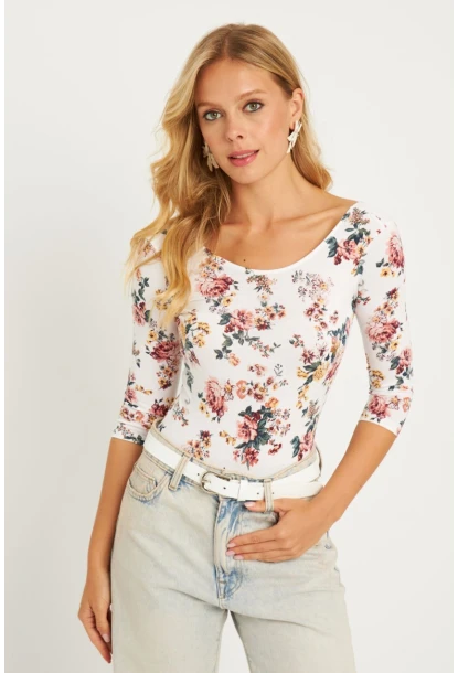 Kadın Ekru Çiçek Desenli Çıtçıtlı Body RK40