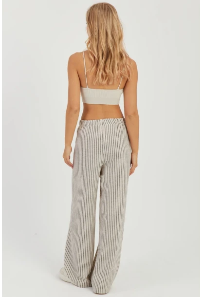 Kadın Ekru Çizgili Keten Pantolon Q986