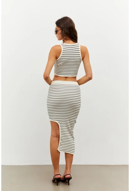 Kadın Ekru Çizgili Yırtmaçlı Alt Üst Takım KZ2468