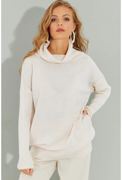 Kadın Ekru Degaje Yaka Cepli Triko Kazak YZ519
