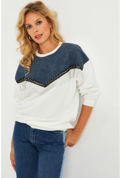 Kadın Ekru Denim Bloklu Sweatshirt PKA808