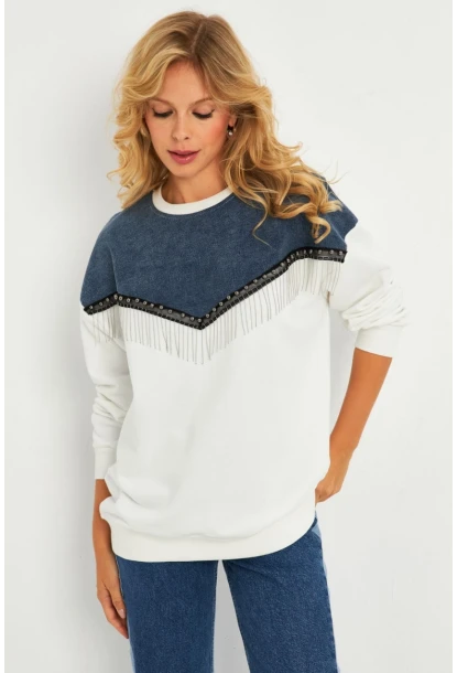 Kadın Ekru Denim Bloklu Sweatshirt PKA808