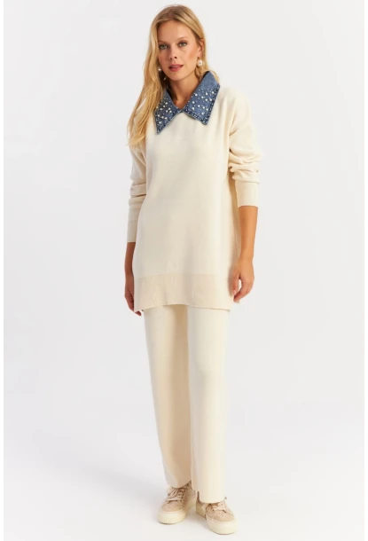 Kadın Ekru Denim Yakalı İncili Alt Üst Triko Takım NUV22