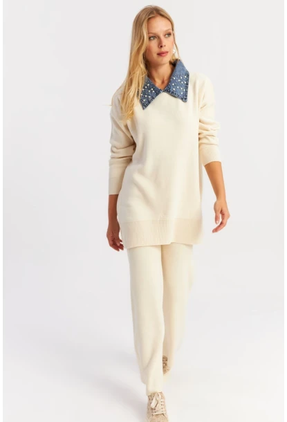 Kadın Ekru Denim Yakalı İncili Alt Üst Triko Takım NUV22