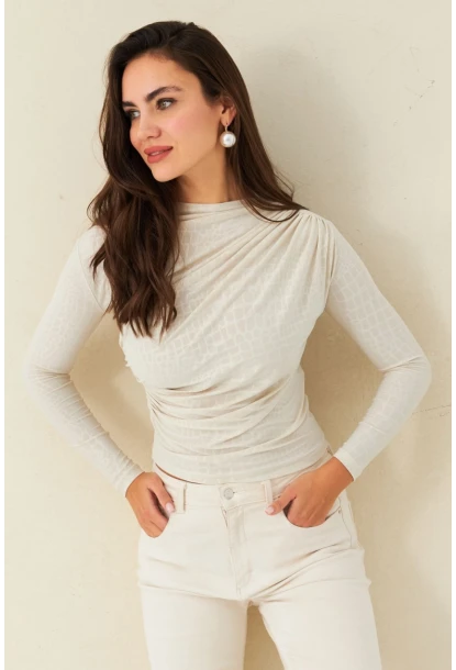 Kadın Ekru Desenli Büzgülü Bluz LPP1279