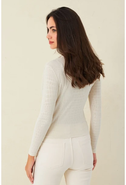 Kadın Ekru Desenli Büzgülü Bluz LPP1279