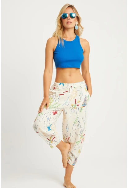 Kadın Ekru Desenli Keten Şalvar Pantolon K1253