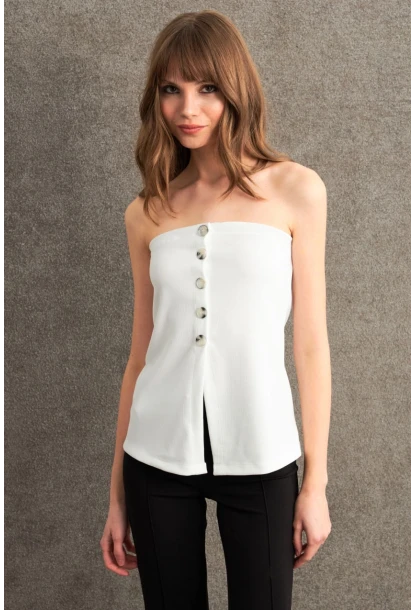 Kadın Ekru Düğme Detaylı Straplez Bluz CY355