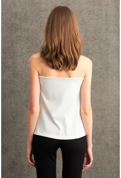 Kadın Ekru Düğme Detaylı Straplez Bluz CY355