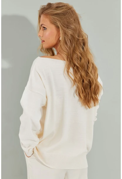 Kadın Ekru Düşük Omuz Triko Bluz YZ617