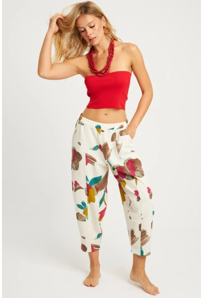 Kadın Ekru-Fuşya Desenli Keten Şalvar Pantolon K1253