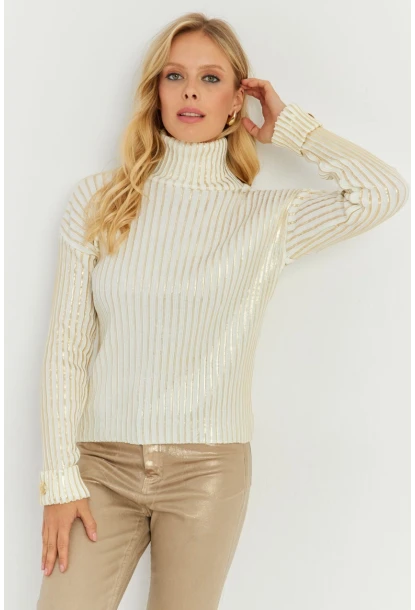 Kadın Ekru-Gold Düğme Detaylı Varaklı Triko Kazak SF2532