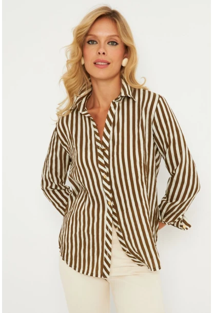 Kadın Ekru-Haki Çizgili Gömlek KED709