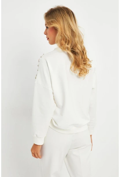 Kadın Ekru İnci Detaylı Büzgülü Sweatshirt RLO04