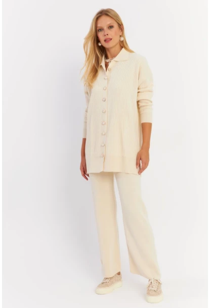 Kadın Ekru İnci Düğmeli Hırka Triko Alt Üst Takım MNUV26