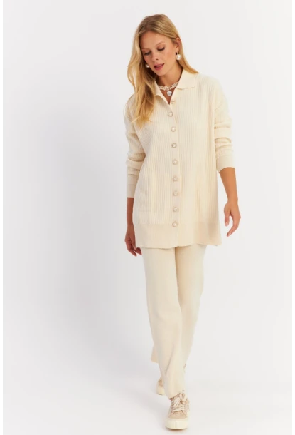 Kadın Ekru İnci Düğmeli Hırka Triko Alt Üst Takım MNUV26
