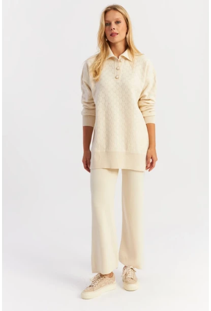 Kadın Ekru İnci Düğmeli Triko Alt Üst Takım NUV33