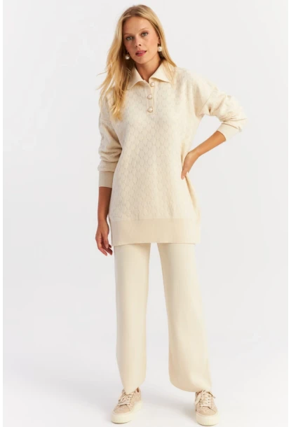 Kadın Ekru İnci Düğmeli Triko Alt Üst Takım NUV33