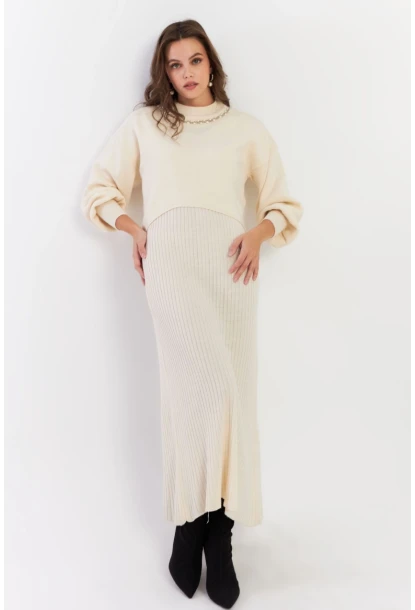 Kadın Ekru İncili Alt Üst Triko Takım NUV37