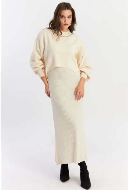 Kadın Ekru İncili Alt Üst Triko Takım NUV37