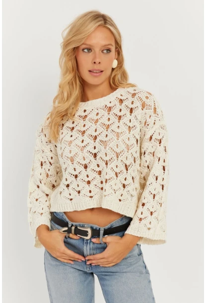 Kadın Ekru İspanyol Kol Ajurlu Triko Bluz MİW0761