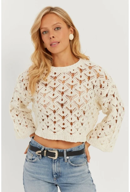 Kadın Ekru İspanyol Kol Ajurlu Triko Bluz MİW0761