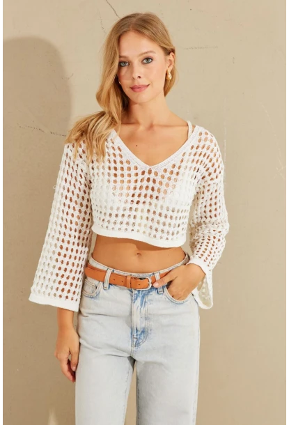 Kadın Ekru İspanyol Kol Ajurlu Triko Bluz YV203