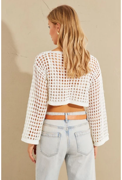 Kadın Ekru İspanyol Kol Ajurlu Triko Bluz YV203