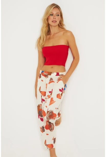 Kadın Ekru-Kahve Desenli Keten Şalvar Pantolon K1253